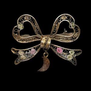 Vtg 800 Silver Filigree Heart Shaped Bow Ribbon Brooch w/Moon Dangle